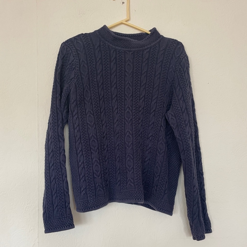 L.L. Bean Dark Blue Cable Knit mockneck Sweater fisherman vintage
